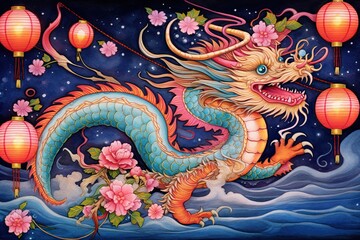Chinese Dragon Drawing: Enchanting Gliding Amidst Festive Lanterns, Scale Colors Dancing in Perfect Harmony, generative AI