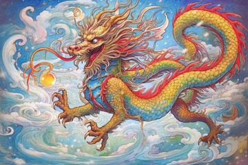 Obraz premium Enchanting Chinese Dragon: Gliding Amidst Festive Celebration with Harmonious Splendor of Scale Colors, generative AI