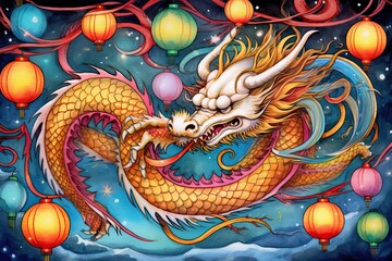 Enchanting Chinese Dragon Gliding Amidst Festive Lanterns: A Spectacle of Harmonious Scale Colors, generative AI