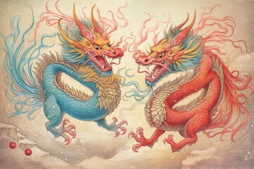 Fototapeta premium Enigmatic Chinese Dragons: Vibrant Colors and Graceful Movements in Lunar New Year Parade, generative AI