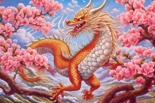 Graceful Chinese Dragon Dancing Amidst Cherry Blossoms: A Vibrant Display of Rainbow Scales, generative AI