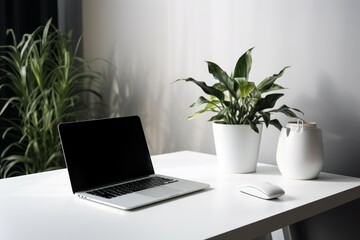 Scandinavian corner laptop plants pot. Generate Ai