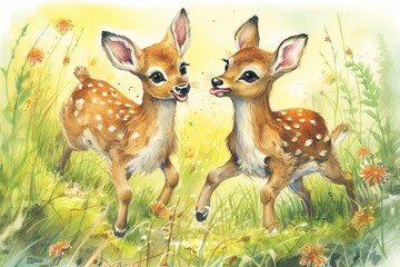 Fototapeta premium Joyful Meadow Delights: Playful Baby Animals Frolicking in, Spreading Laughter with their Cute Antics, generative AI