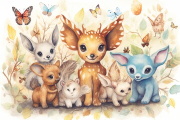 Naklejka premium Whimsical Wonderland: Playful Baby Animals Frolicking in a Delightful and Joyful World of Cute Animal Drawings, generative AI