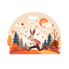 Autumn illustration. A hare with a backpack hurries to school.