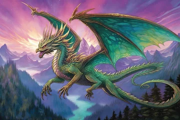 Foto op Plexiglas Majestic Dragon Soaring Across a Mythical Landscape: Glowing Emerald and Amethyst Scales in Stunning Dragon Drawings, generative AI © Trista