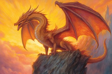 Fiery Shades of Amber: A Mighty Dragon Roaring from a Towering Cliff - Exquisite Dragon Drawings, generative AI