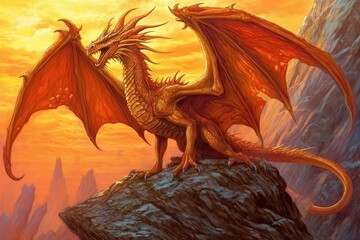 Fiery Shades of Amber: A Mighty Dragon Roaring atop a Towering Cliff in Mesmerizing Dragon Drawings, generative AI