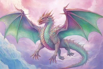 Mighty Dragon Drawings: Soaring Across a Mystical Realm with Glistening Scales in Emerald and Amethyst Shades, generative AI