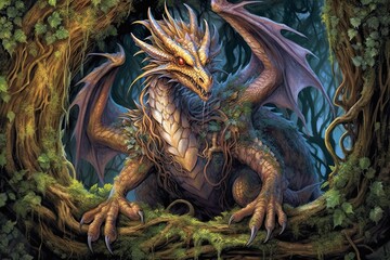 Mystical Guardians: Ancient Dragons Coiled Around an Enchanted Forest - Powerful and Wise with Gleaming Eyes, generative AI