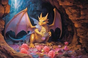 Hidden Cave's Mystical Dragon Guardian: Protecting a Treasure Trove with Stunning Dragon Drawings, generative AI