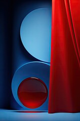 red translucent sphere and blue background with red curtains 