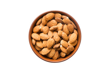 Roasted almonds in bowl isolated on white background. almonds is snack or raw of cook. Healthy food concept