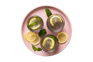 Healthy breakfast or morning with chia seeds lemon and mint on table background, vegetarian food,...