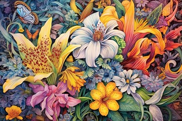 Ink-Filled Botanical Symphony: Harmonious Display of Intricate Floral Patterns in Blooming Canvas, generative AI