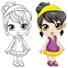 Cute girl cartoonl and its doodle coloring character