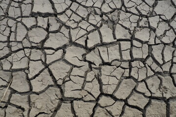The ground has cracks in the top view for the background or graphic design with the concept of drought and death. Drought is the phenomenon of prolonged shortage of water. Sedentary high anticyclone - obrazy, fototapety, plakaty
