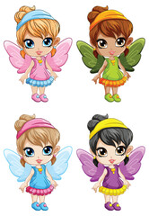 Cartoon fairy with wings set