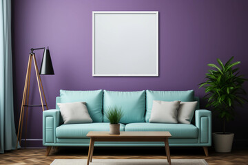 Comfortable couch in a purple colored room with blank photo frame and lamp. Generative AI
