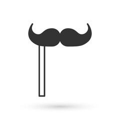 Grey Paper mustache on stick icon isolated on white background. Concept with cardboard carnival mask. Mask for a photo shoot. Vector