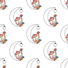 Psychedelic trippy celestial mushrooms pattern. Magic mushrooms on moon. Seamless repeatable background, digital paper, banner. Retro vintage autumn, fall. 