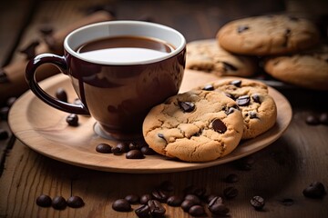 Freshly sweet Baked chocolate chip cookies and espresso. Steamy cup of coffee