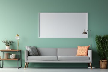 Photo frame on wall with sofa and living room setting.