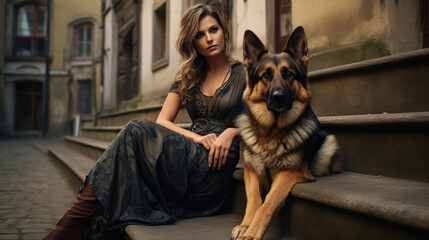 Woman and german shapherd dog, urban portrait