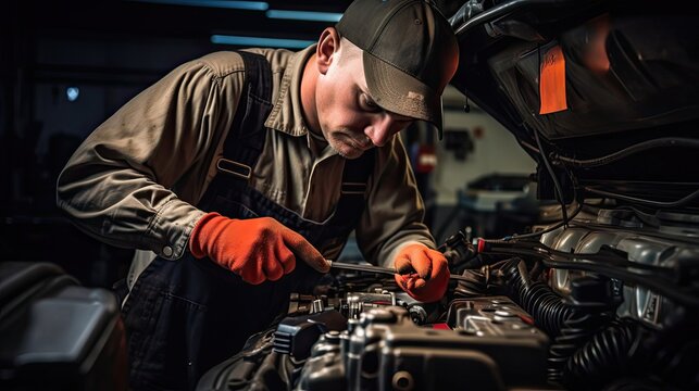 Technician dedicates their expertise to adjusting the car's timing belt, optimizing its tension and alignment to keep the engine running smoothly and efficiently. Generated by AI.