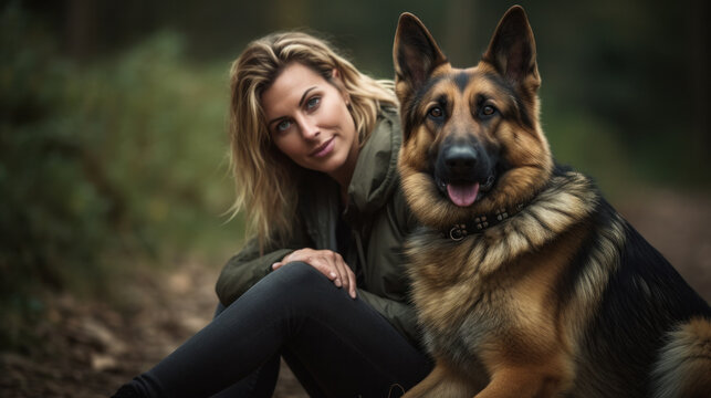 Attractive woman sits embracing the big German shepherd dog outdoors. Rural scene