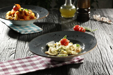 pasta plate standing on the table