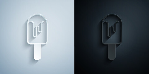 Paper cut Ice cream icon isolated on grey and black background. Sweet symbol. Paper art style. Vector