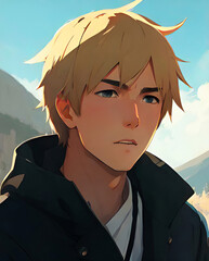 ブロンドの髪とひげを持つアニメの男性。ひげを生やしたアニメの少年。アニメキャラクター、マンガスタイル、アニメスタイル。アニメ少年のアバター。アニメアバターマンオンラインアイデンティティ。