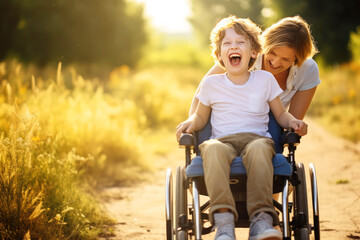 A mother with an incapacitated boy in a wheelchair walking in nature. Rehabilitation period, text space - obrazy, fototapety, plakaty