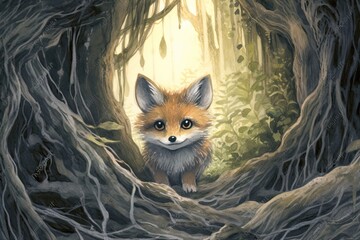 Obraz premium Curious Fox: Venturing Through a Mystical Forest with Amber Eyes Glinting in Playful Mischief, generative AI