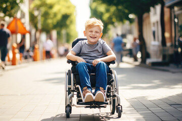 Inclusive joy of a paraplegic boy on urban street