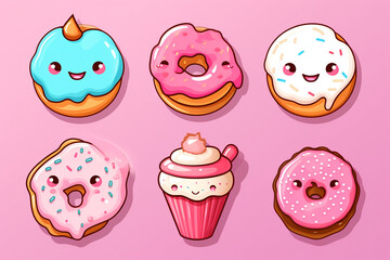 anime illustration style kawaii set of cute donut stickers