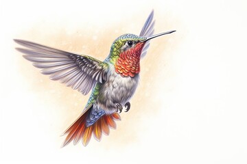 Obraz premium Graceful Flutter: A Delicate Hummingbird in Mid-Air, Its Iridescent Feathers Glistening, generative AI