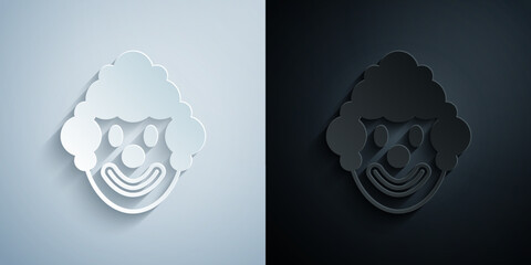 Paper cut Clown head icon isolated on grey and black background. Paper art style. Vector