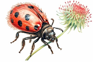 Fototapeta premium Adorable Ladybug Climbing on a Sprig of Clover: Red Wings, Black Polka Dots, generative AI