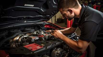 Technician skillfully replaces the car's radiator hoses, ensuring secure hose connections, preventing coolant leakage, and maintaining a well-functioning cooling system. Generated by AI.