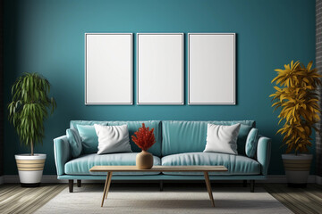 Fascinating color for an interior room with sofa and 3 photo frames, interiors. Generative AI