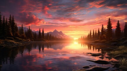 Fototapeta na wymiar A beautiful sunset reflecting on a tranquil lake. Generative AI