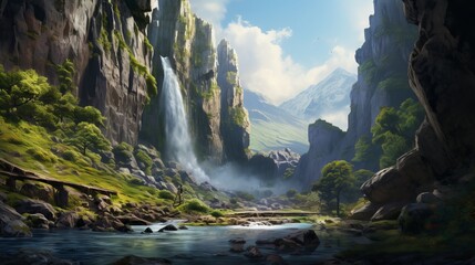 A beautiful waterfall cascading down rocky cliffs. Generative AI