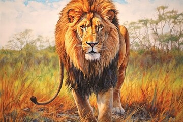 Exuding Strength and Majesty: Regal Lion King's Proud Stance in the Heart of the Savanna, generative AI