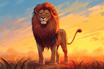 Regal Lion Drawing: Standing Proudly on Vast Savannah, Mane Radiating in Warm Sunset Glow, generative AI