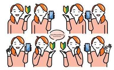 シンプルおしゃれなスマホ・スマートフォンや初心者マーク・ビギナーシンボルを持つ女性の人物ベクターイラストセット_ピンク