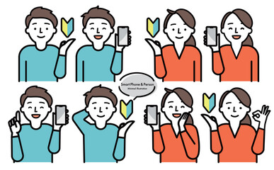 シンプルおしゃれなスマホ・スマートフォンや初心者マーク・ビギナーシンボルを持つ男女の人物ベクターイラスト素材セット