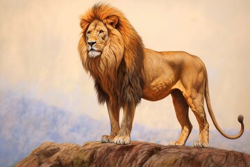 Regal Lion King: Golden Mane Ruffling, Exuding Power and Nobility - Majestic Drawing, generative AI