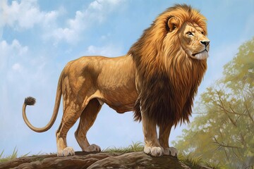 Regal Lion King Surveying His Kingdom: Golden Mane Ruffling in the Gentle Breeze - A Majestic Display of Power and Nobility through a Lion Drawing, generative AI